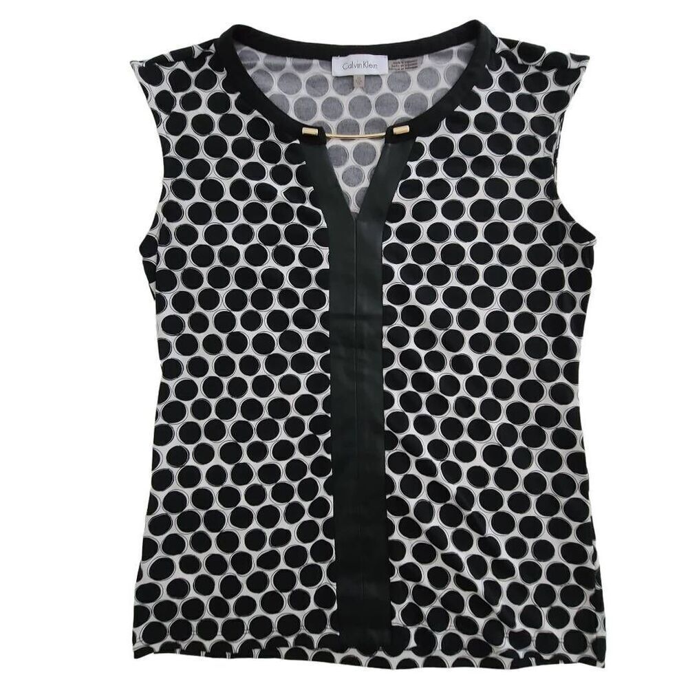 Calvin Klein Polka Dot Sleeveless Blouse Faux Leather Trim Size XS - Picture 2 of 9